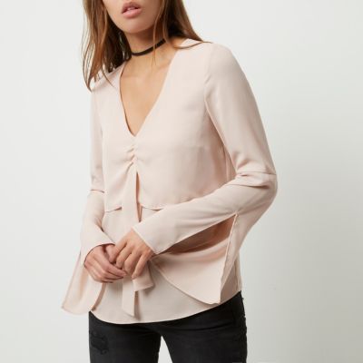 Pink layered tie front blouse